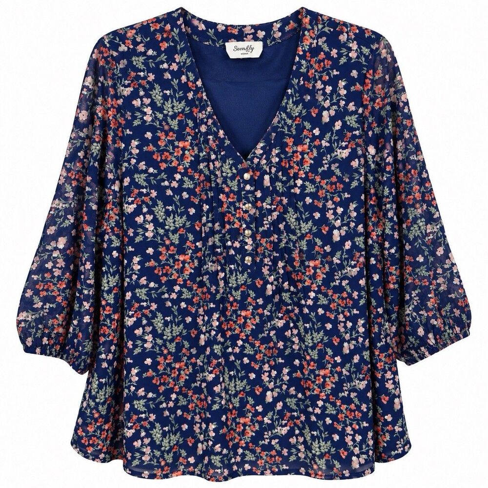 Siren Lily Womens 3X Navy Floral Blouse V Neck 3/4 Sleeve Plus Size Tunic